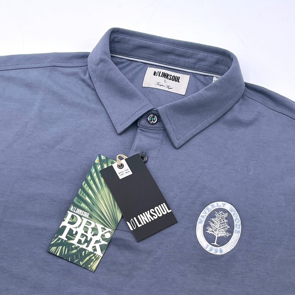 LinkSoul‎ Mens Iris Blue Dry Tek Polo Shirt Size Large Waverly Woods Golf Course